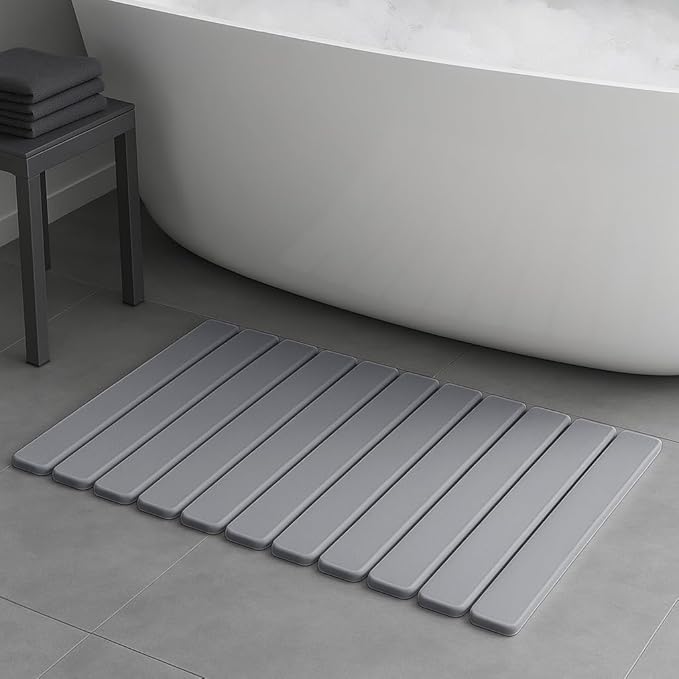 Premium Foldable Stone Bath Mat - Ultra Absorbent Quick Drying Compact Easy to Store &amp Clean Non-Slip Diatomaceous Earth Bath Shower Mat (Light Grey)