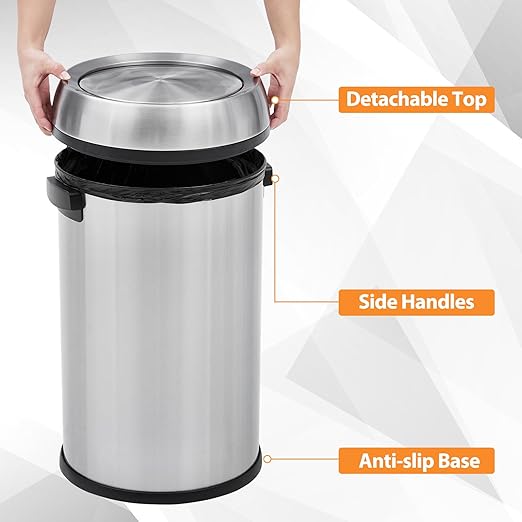 GarveeHome 17 gal/65 L Swing Top Trash Can Stainless Steel Rubbish Bin Commercial Grade Waste Container Round Garbage Can for Outdoor Home Office Restaurant Silver