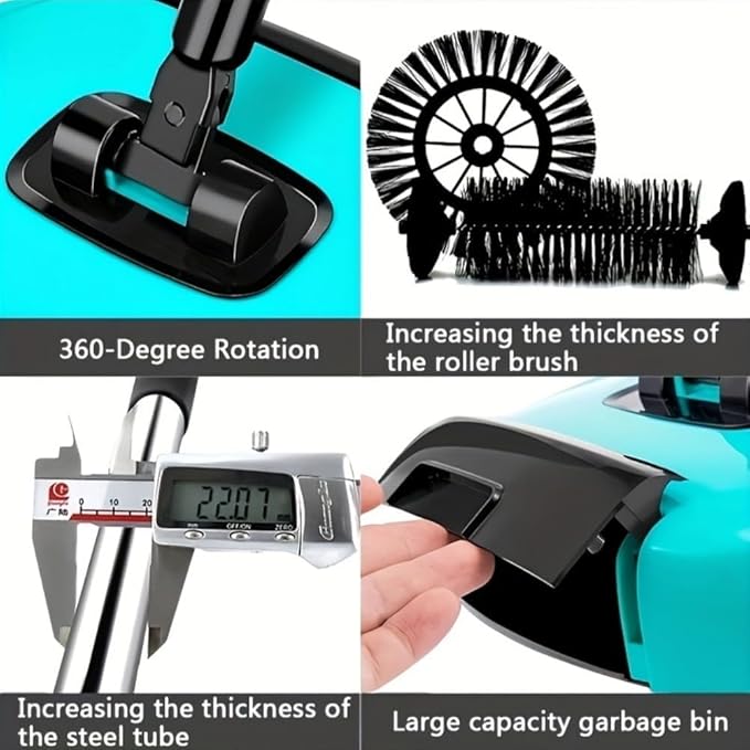 3 in 1 Carpet Sweeper Manual Mini Hand Push Mop 360° Rotating Floor Cleaner for Hardwood &amp Ceramic Tiles Lazy Dustpan &amp Trash Bin Compact Easy Cleaning Tool (Blue)