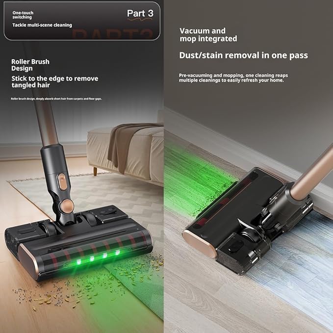 Cordless Vacuum Cleaner 15KPA Strong Suction 2-in-1 Vacuum Mop Combo with Green Light Dust Detection 3 Modes for Home Hard Floor Carpet Long Battery Life Smart LED Display (Black Gold)
