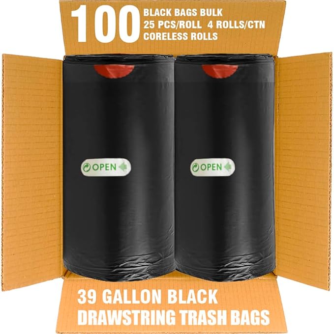 39 Gallon Lawn &amp Leaf Trash Bags Drawstring 100 Count Heavy Duty Black &amp Unscented Plastic Bags Multi-purpose Garbage Bags for Home Commercial Outdoor Construction Industrial