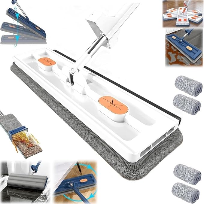 Large Flat MopMicrofiber Mop Self-Contained Dewatering Scraper 360° Rotating Magic Self Wringing Flat Stainless Steel Long Handle Mop Wall Cleaning 12027(White4PC)