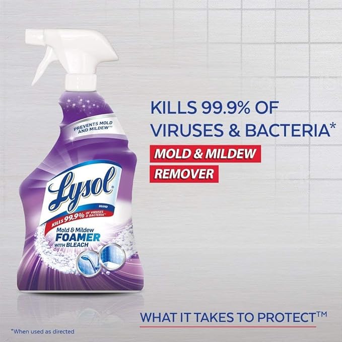Lysol Mold and Mildew Remover 2 Pack Bathroom Cleaner Spray Whitens and Removes Soap Scum and Stains on Tiles Grout Bathtubs Toilets Sinks 32 oz. Each