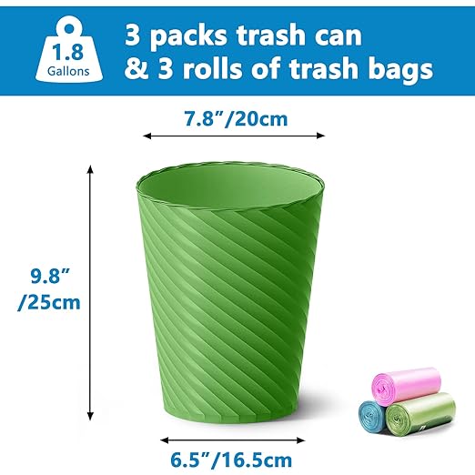 Lysam Bathroom Trash Can 3 Pack 1.8 Gallons Small Trash Can with Trash Bags Bathroom Garbage Can Plastic Trash Bin Round Waste Basket for Bedroom Office Compact Space (Pink Purple Green)