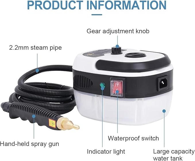 Pressure Steam Cleaner 2500W Handheld High Temp Portable Steamer Cleaning Machine with 3 Brush Heads for Home Use Grout Tile Car Detailing Kitchen Bathroom