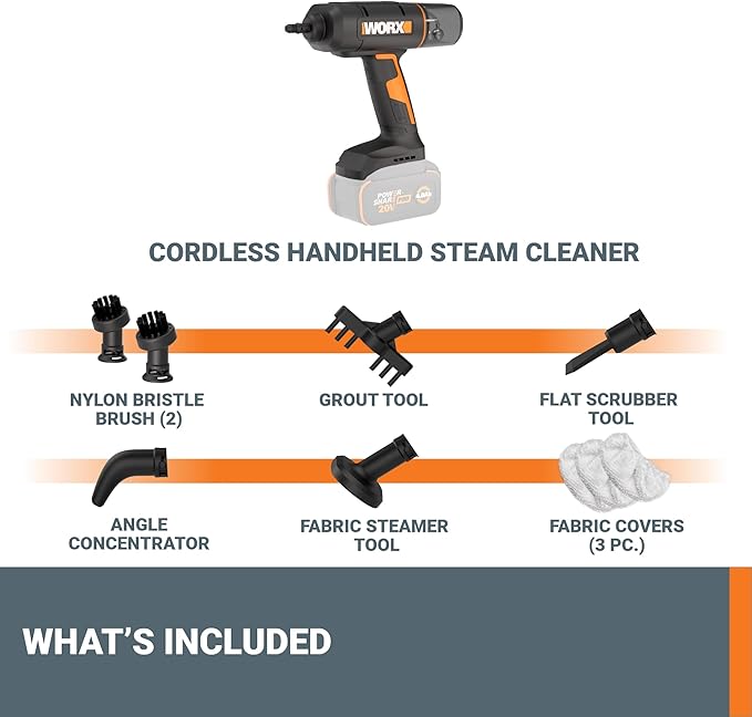 Worx 20V SteamStorm Cordless Handheld Steam Cleaner w/Accessories Steamer for Cleaning 220°F 8-Second Preheat Lightweight Portable Steamer for Home Car – Tool Only