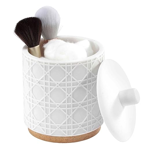 Nicole Miller - Covered Jar Durable Resin Countertop Accessories with Faux-Wood Base Modern Bathroom Decor Dorm Room Essentials (Lena Collection White)