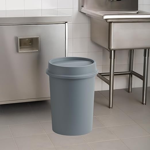 11 Gallon Round Gray Commercial Trash Can with Swing-Top Lid - Hands-Free Polyethylene Wastebasket for Office School Facility and Commercial Use - Dent &amp Crack Resistant