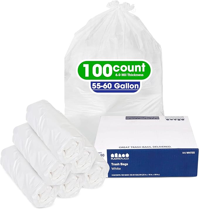 Plasticplace 55-60 Gallon Trash Bags │ 0.7 Mil │ White Heavy Duty Garbage Can Liners │ 38” x 58” 100 Count(Pack of 1)