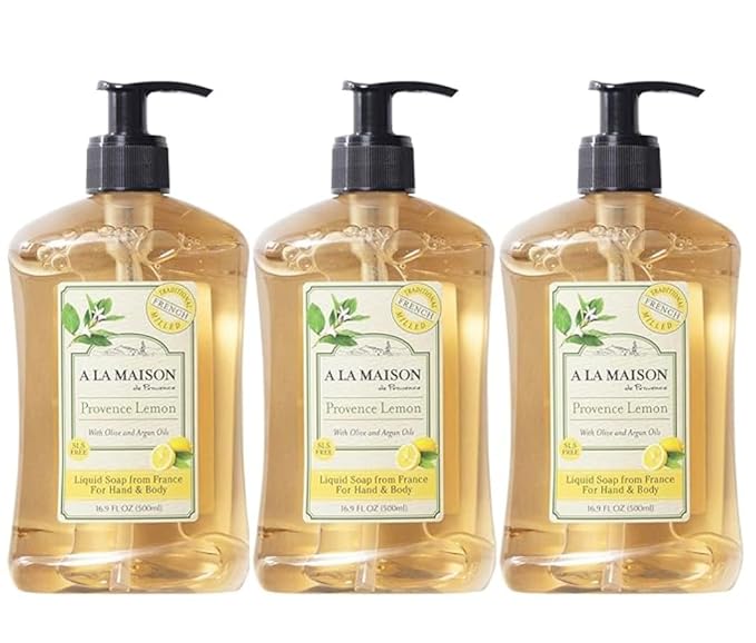 A LA MAISON Provence Lemon Liquid Hand Soap 16.9 Fl Oz - Natural Hand Wash Made with Essential Oils - Biodegradable Plant-Based Vegan Cruelty-Free Alcohol &amp Paraben Free (3 Pack)