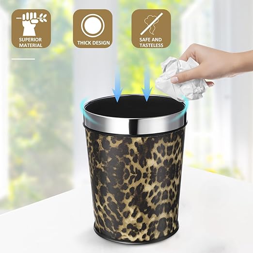 COHEALI Leopard Print Trash Can 5L Retro Stainless Steel Bathroom Wastebasket with Fixing Ring Small Garbage Can for Bedroom Office Kitchen Animal Print Decorative Waste Bucket 10.03x7.87in