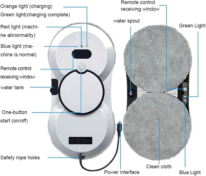 Robot Glass Cleaner Remote Control Robot Window Washer Automatic Double Spray Trajectory Planning Suction 5600 Pa Remote Control for All Smooth Surfaces