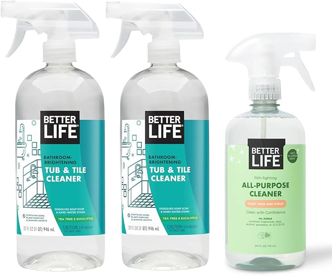 Better Life Bathroom Cleaner Tea Tree &amp Eucalyptus 32 Oz(2 Pack) + All Purpose Cleaner Clary Sage &amp Citrus 24 Oz (1 Pack)