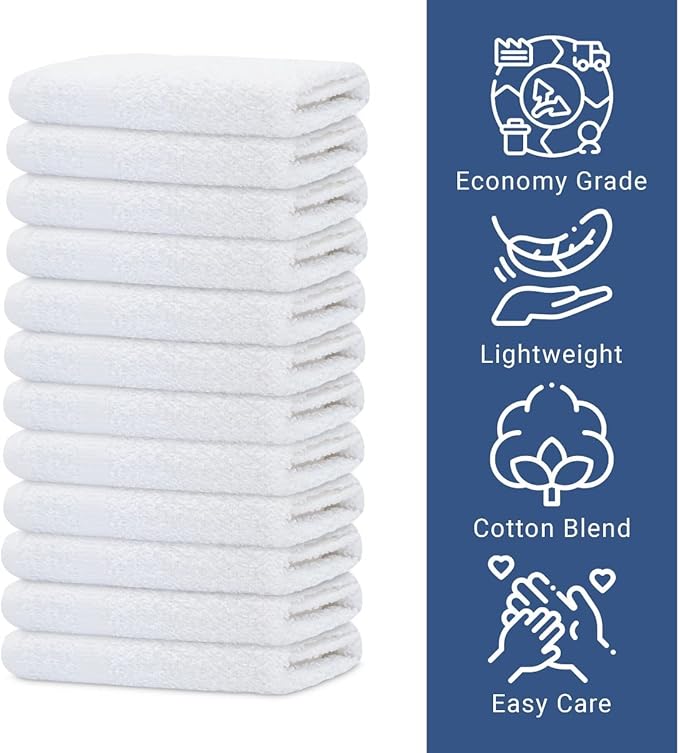 GOLD TEXTILES 120 Pack Economy White Washcloths Set (12x12 inches) - Cotton Blend Commercial Grade Cleaning Rags Quick Drying &amp Soft Face Cloths Fingertip Towels for Bathroom Spa Gym and Kitc