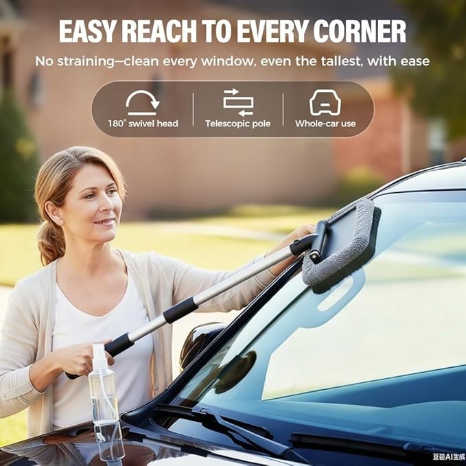 Extendable car Window Cleaner Upgraded with a Large Head and 4 Microfiber Pads Suitable for car interiors and Home Windows.