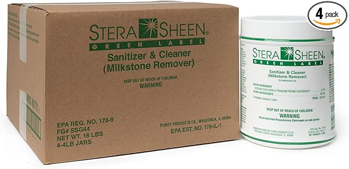 Stera Sheen 16lb Green Label Ice Machine &amp Ice Maker Cleaner + Sanitizer - Milkstone Remover &amp Descaler for Scotsman Soft Serve Equipment Food-Contact Surface - Restaurant-Grade - 4lb Jars