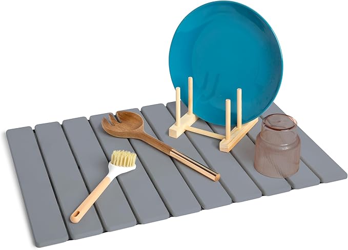HavenMat – Large Stone Dish Drying Mat (24”x16”) with Bamboo Rack &amp Brush | Quick-Dry Diatomite Counter Mat for Dishes Glassware Plants &amp Pets | Grey Kitchen Drying Stone (Grey)