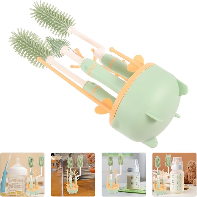Multifunctional Bottle Brush Set with Extra Long Handle and Stand for Cleaning Milk Bottles and Straws Green Suitable for Feeding