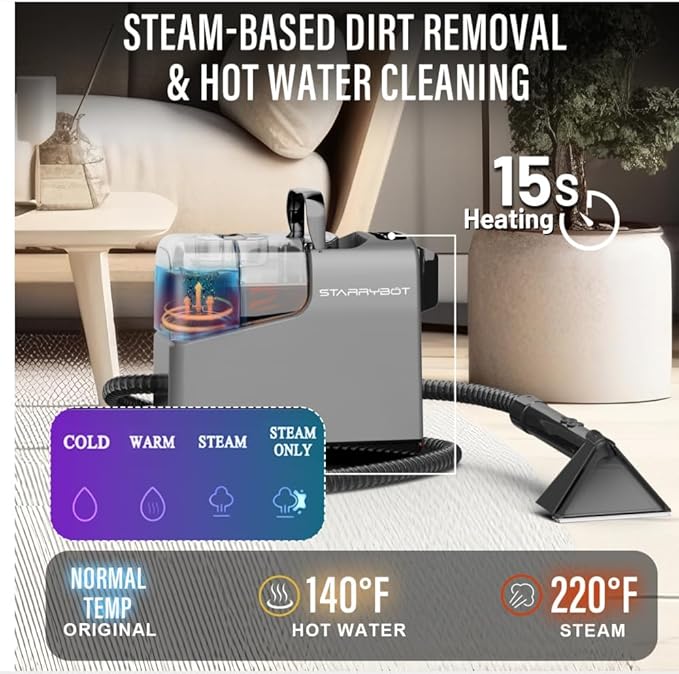 Portable Carpet Cleaner Machine with Steam and Heating Techology18Kpa Powerful Suction with Versatile Tools for Pets CouchSpot Cleaner for Stairs/Furniture/Rug(Gray)