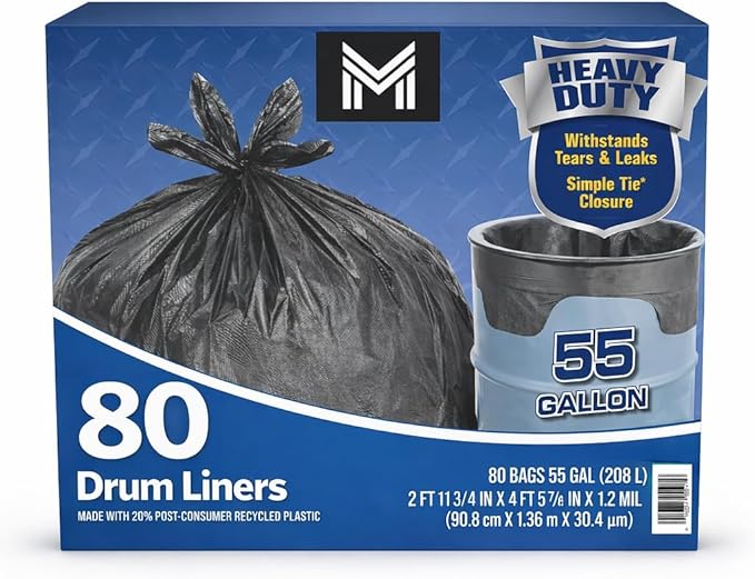 Member’s Heavy Duty 55 Gallon Drum Liners 80 Count Industrial Trash Bags Tear &amp Leak Resistant Extra Thick Embossed Garbage Bags with Simple Tie Closure Large Commercial Drum Bags