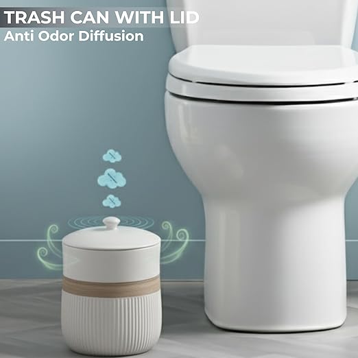 Escenzy Luxury White Bathroom Trash Can with Lid 5L | 7 x 10 | Modern Ceramic Trash Can | Decorative Waste Basket for Bathroom Bedroom Kitchen Hotels or Living Room Decor | Ideal Gift