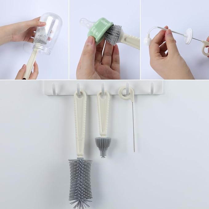 Baby Bottle Scrubber 6-in-1 Bottle Brush Set with Silicone Brush Nipple Cleaner Straw Brush Soap Dispenser Storage Box and Drying Rack Ideal Bottle Cleaner Kit for Home and Travel (Creamy)