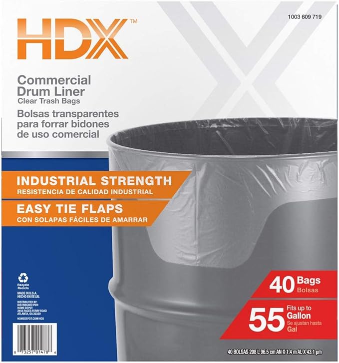 HDX 55 Gallon Clear Heavy-Duty Flap Tie Drum Liner Trash Bags (40-Count)