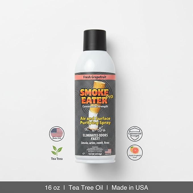 Smoke Eater Pro 16 oz Odor Eliminator Spray — Commercial Strength for Smoke Pet Urine and Cooking Odors — Air and Fabric Deodorizer with Tea Tree Oil — Made in USA (Fresh Grapefruit)