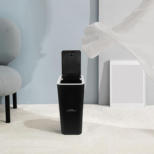Alipis Slim Trash Can 10L Plastic Trash Can with Press Top Lid Modern Waste Basket Rubbish Bin Container for Home Office Bathroom Black