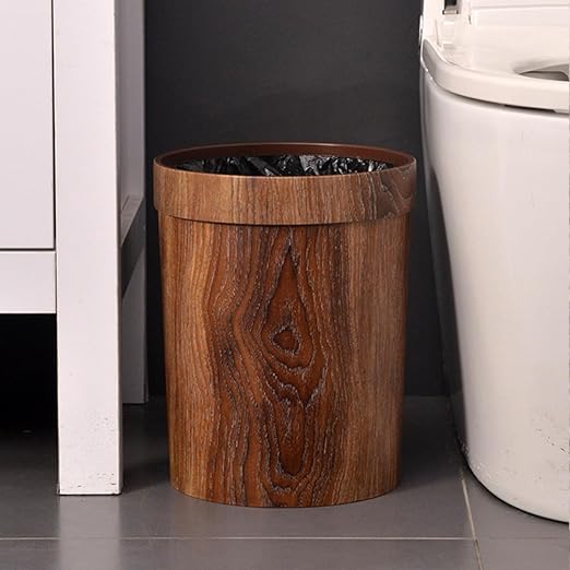 Wakauto Wood Grain Trash Can 14L Plastic Garbage Container with Press Ring Lid for Hotel Rooms Office and Living Room Wastebasket