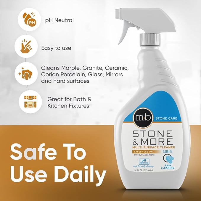MB-5 Stone &amp More 2 Pack All Purpose Cleaning Spray Kitchen Counter Cleaner Spray for Marble and Granite– No Streak Formula for Stone Glass Granite Ceramic Corian Porcelain (2x 32 oz)