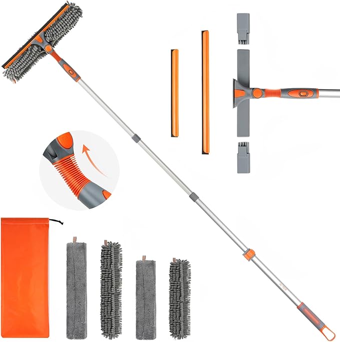 Eazer 64'' Squeegee Window Cleaner 2 in 1 Rotatable Window Cleaning Tool Kit with Telescopic Pole Window Washing Equipment with Bendable Head for Indoor/Outdoor Window and Car Glass