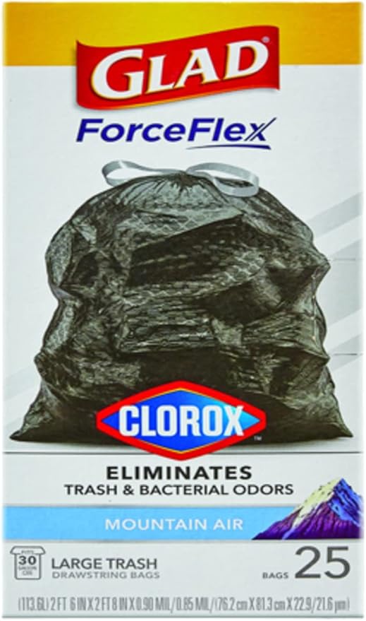 Glad Force Flex 30 Gallon Mountain Air Scent Trash Bags Drawstring 25 bags (Pack of 6)