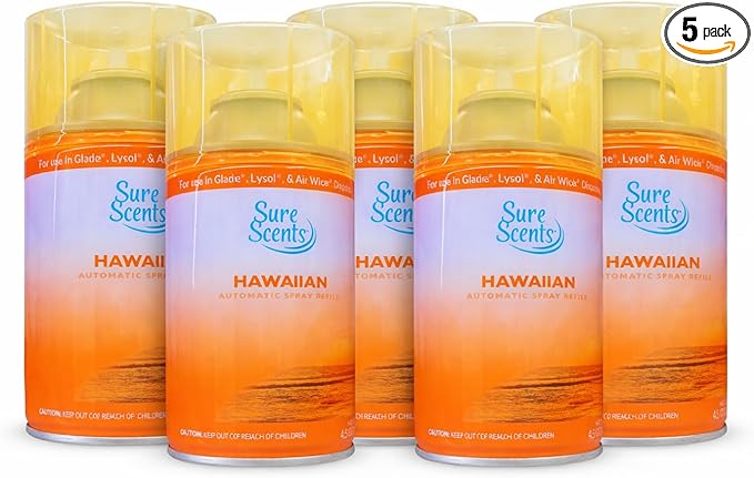1 - (5 Pack) Hawaiian Mist Automatic Air Freshener Refills – 4.5 oz Each – Compatible with Automatic Spray Dispensers – Tropical Scent Room Freshener for Home Bathroom Office Dorm