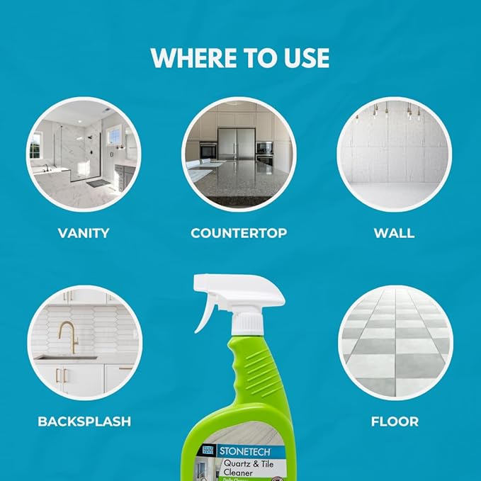 StoneTech Quartz &amp Tile Cleaner Spray – Quartz Countertop Cleaner for Engineered Stone Ceramic &amp Porcelain – Removes Dirt &amp Spills – 2-Pack 24oz Each + 2 Microfiber Cloths Fresh Scent
