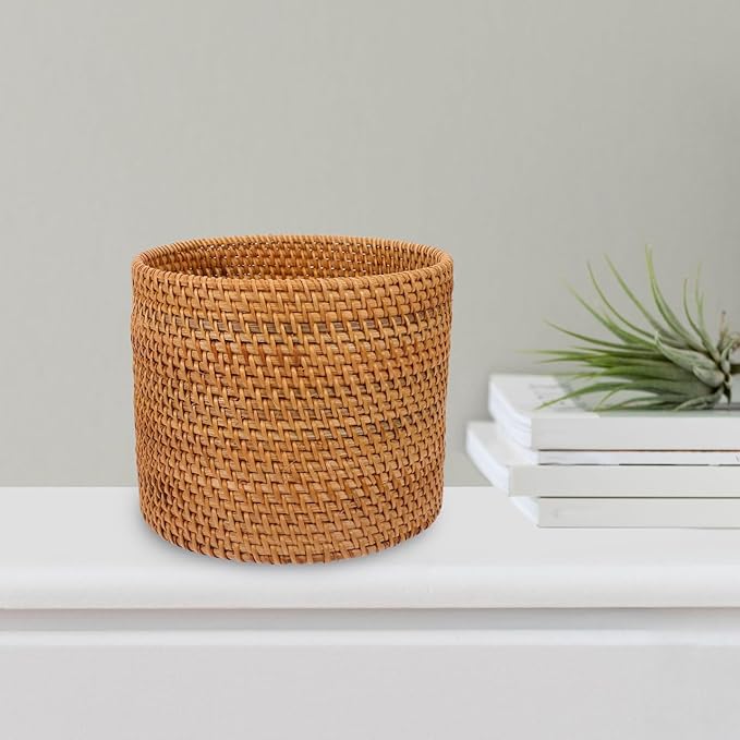 Mikikit Round Rattan Trash can Small Decorative Wicker Basket for Home Storage Desktop Organizer 6.6 Inch Fruit Vegetable Basket