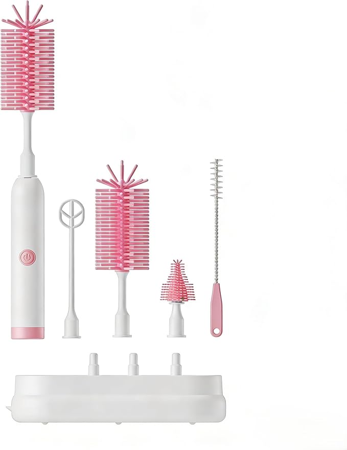 Rechargeable Electric Bottle Brush with Stand - 360° Spin Silicone Cleaner for Baby Bottles Breast Pumps &amp Small Household Containers (Pink)