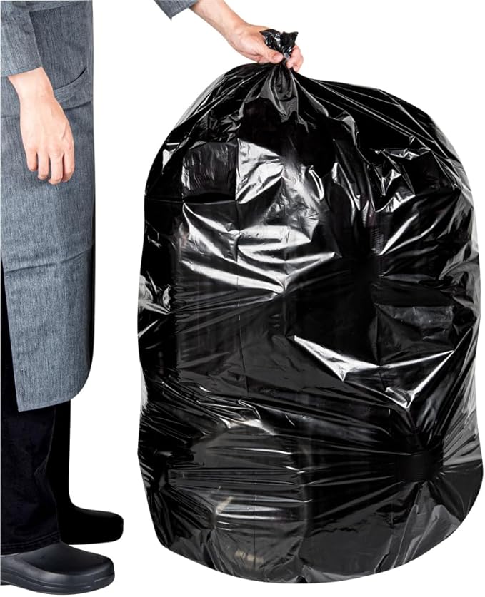 Restaurantware RW Clean 55 Gallon Trash Bags 100 Light-Duty Garbage Can Liners - Fits 55-60 Gallon Trash Cans Stretchable Black Plastic Bin Liners With Star Seal Bottom