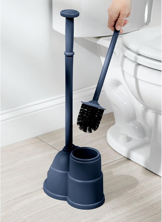mDesign Plunger and Brush Set for Toilet Bowl - Hidden Modern Toilet Brush and Plunger Set with Caddy - Brush Cleaner and Plunger Combo with Holder for Bathroom - Hyde Collection - Navy Blue