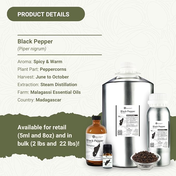 Black Pepper Essential Oil - Direct from Madagascar Farms - Steam Distilled - Aceite Pimienta Negra for Aromatherapy Massage Diffuser DIY Candle and Soap Making - 2lbs