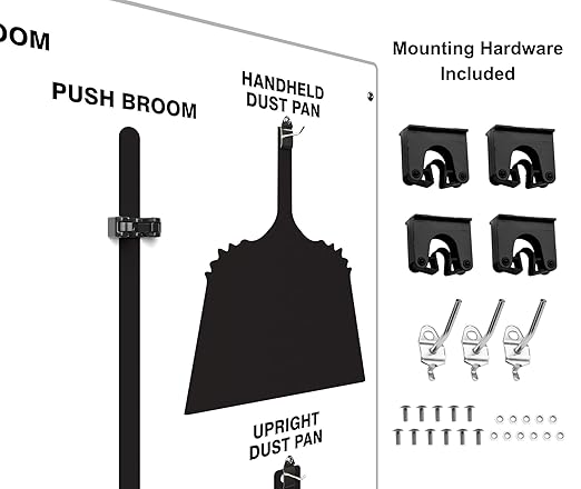 Clean &amp Sweep 5S Shadow Board/Wall Mount Broom Holder 68 x 30 Board 5S Cleaning Station - with Broom and Dustpan Set Included Made in The USA by AccuformNMC White/Black PSB116WTBK