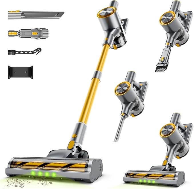 Cordless Stick Vacuum Cleaner - Rechargeable45Kpa Powerful Suction Vacuum for Home45Mins RuntimeDetachable BatteryAnti-Tangle 8 in 1 Lightweight Vacuum for Pet Hair Carpet HardwoodYellow