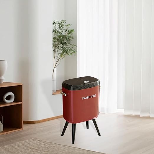 Garbage Can with Legs Dustbin High Foot 15L Large Capacity Household No Bending Wastebasket for Office Bedroom Kitchen Toilet Red