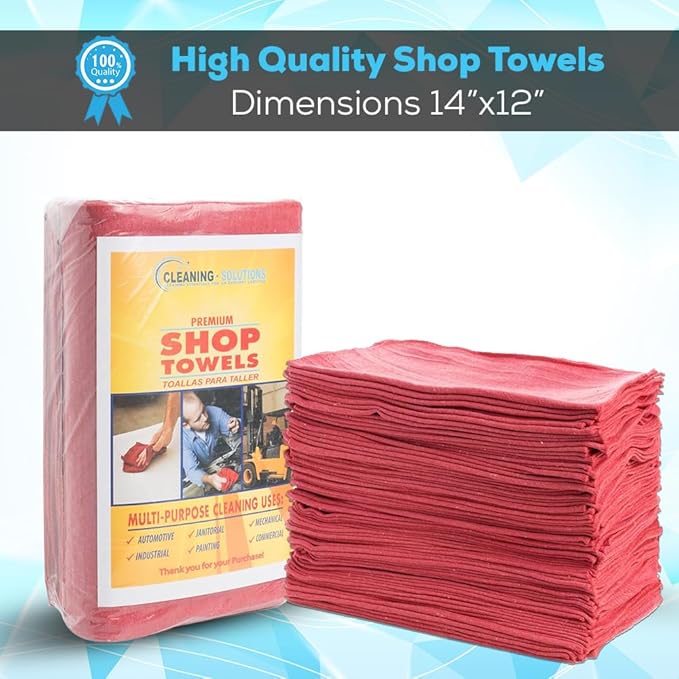 Simpli-Magic Cotton Shop Towels 14x12 (90 Pack) – Reusable Cleaning Shop Rags for Automobiles Industries Garage and Homes (Red)