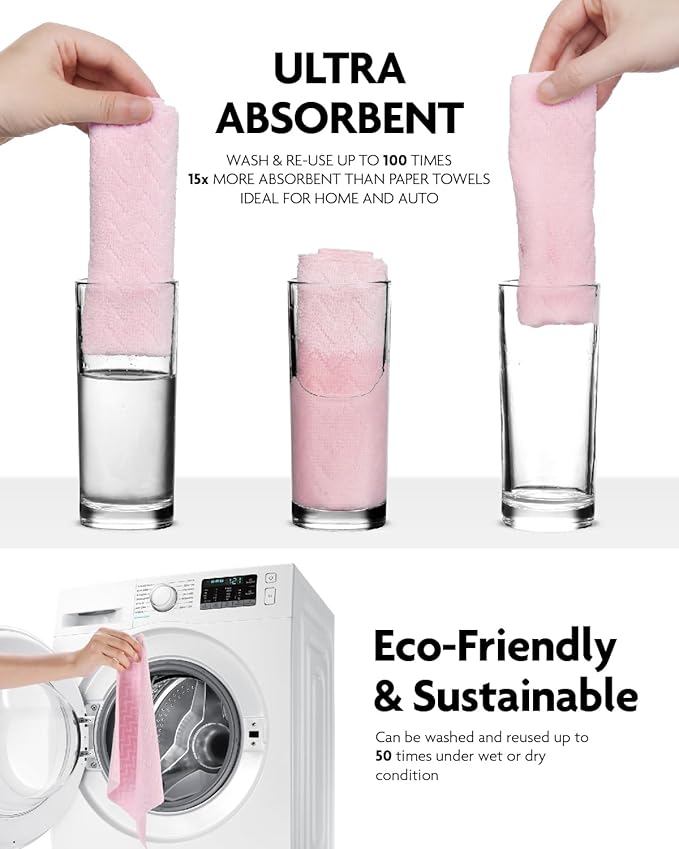 Fantasticlean Microfiber Cleaning Cloth Roll 16 x 12- 50 Sheets Reusable Tear Away Microfiber Towels Ultra Absorbent Dish Rags for Car Home or Office (Pink Ripple)