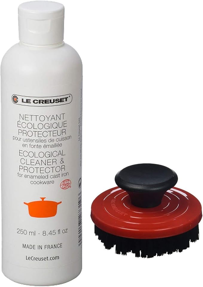Le Creuset 2-Piece Cleaning Set Nylon Brush Kitchen Product 3.25 Cerise with Enameled Cast Iron 8.45 fl. oz. Cookware Cleaner