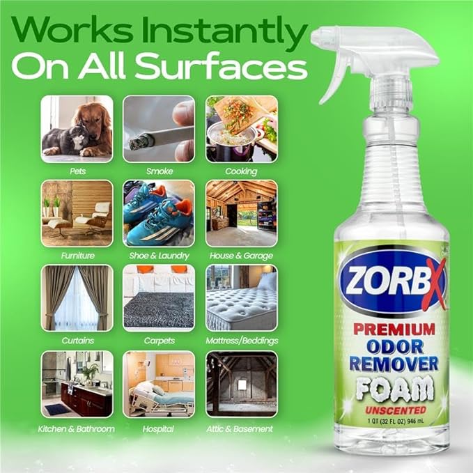 ZORBX Premium Unscented Odor Remover Foam 32 oz – Extra Strength Fragrance-Free Odor Eliminator Foamer for Pets Drains Garbage Disposal Carpets Bathroom &amp Kitchen