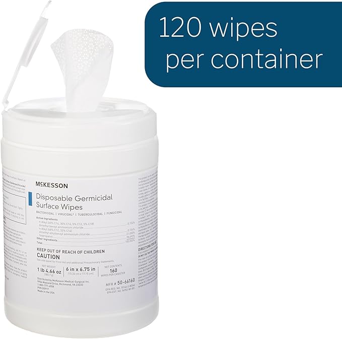 McKesson Germicidal Surface Wipes Pre-Moistened Alcohol Cleaning Wipes for Hard Surfaces Non-Woven Cloth - 6 in x 6 3/4 in 160 Wipes 1 Pack 1 Count (Pack of 160)