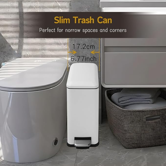 Bathroom Trash Can 2.6 Gallon Trash Can with Lid Stainless Steel Pedal Trash Bin with Removable Liner for Bathroom Bedroom Kitchen Office10 Liter White Garbage Can