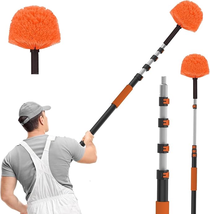 20FT Reach Cobweb Duster with Extension Pole High Ceiling Long Duster with 3-12FT Telescoping Pole Spider Web Brush for Indoor Outdoor Use